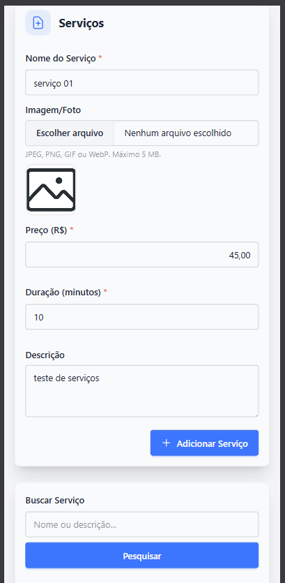 Serviço preenchido, pronto para adicionar